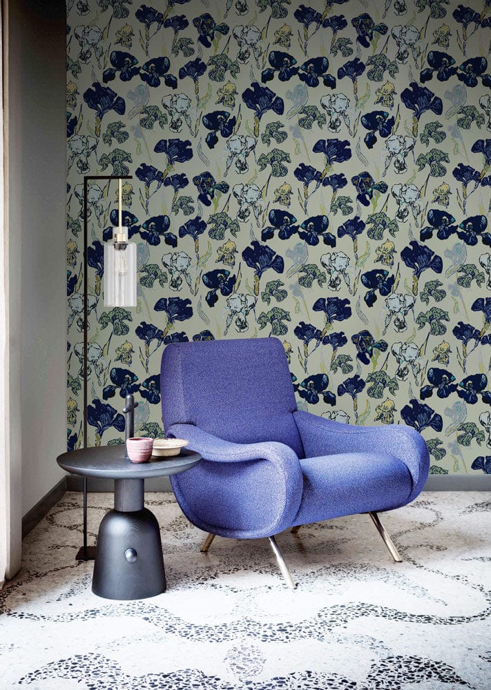 Elegant Botanical Berries Blueprint Wallpaper, muted blue-green; features modern blue chair, decorative floor.