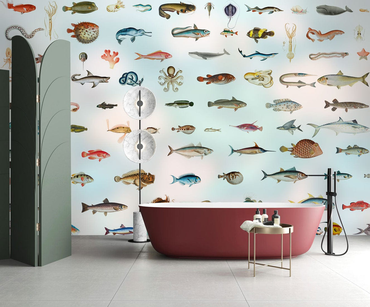 Colourful marine life wallpaper with exotic fish, modern tub, green screen, in elegant bathroom setting.