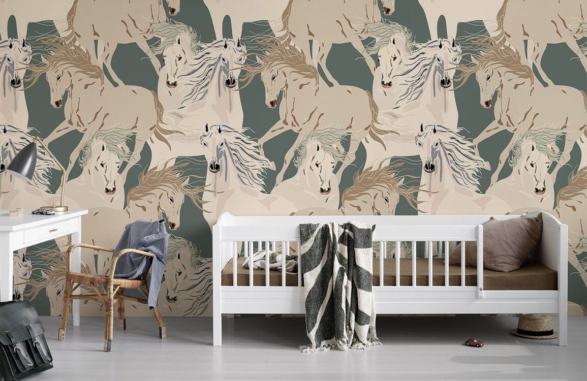 Elegant cream and sage horse mural wallpaper in nursery with white cot, wicker chair, and grey flooring.