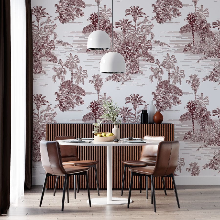 Tropical Oasis botanical sepia wallpaper, dining room with vintage chairs, modern pendant lights, wooden flooring.