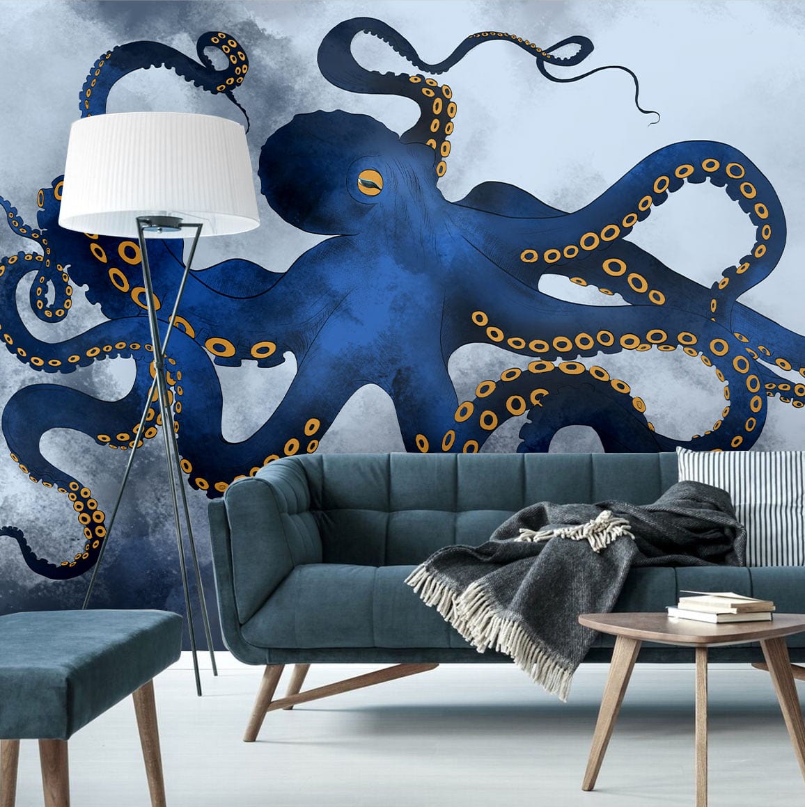 Deep Blue Ocean Octopus mural wallpaper, modern style, grey sofa, floor lamp, wooden flooring, living room.
