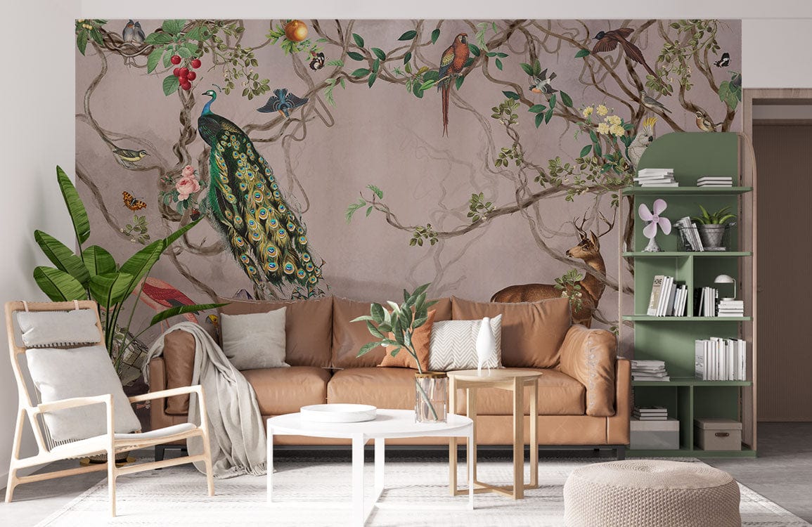 Exotic Wildlife Safari Mural Wallpaper in living room with tan sofa, green shelf, and wooden chair.
