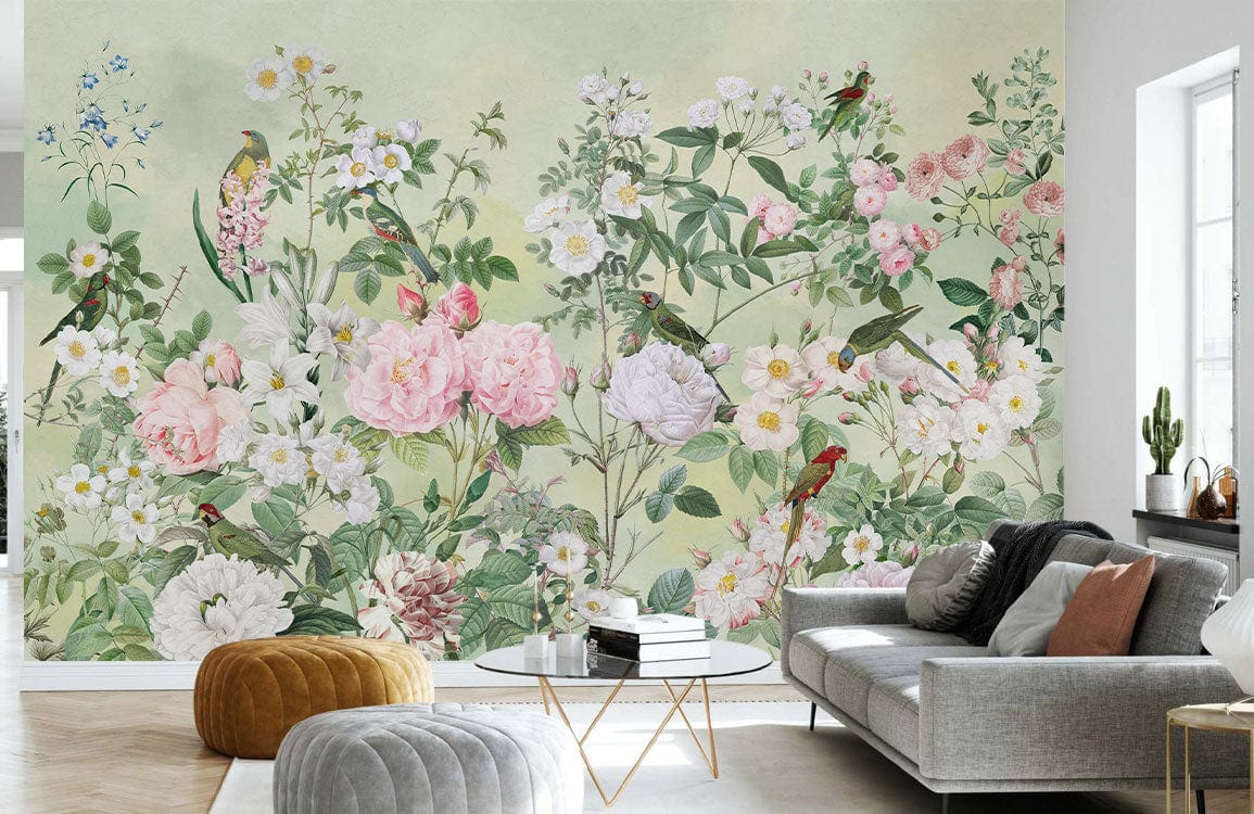 Elegant pastel floral wallpaper with birds; grey sofa, modern coffee table, ottoman in living room.