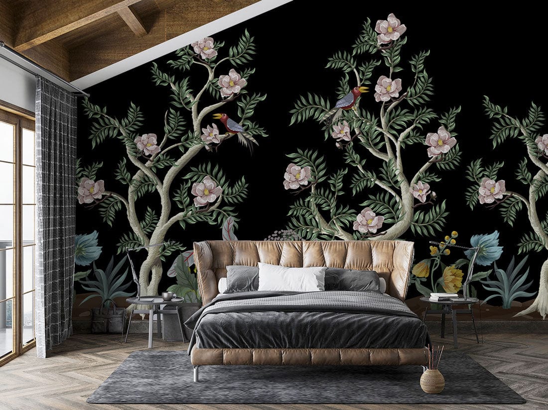 Elegant black botanical mural wallpaper with birds, flowers; modern bedroom decor, wooden flooring.
