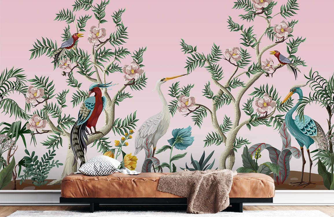 Elegant Pastel Botanical Bird Mural Wallpaper; vintage bird scene, pastel tones, tan sofa, wooden flooring.