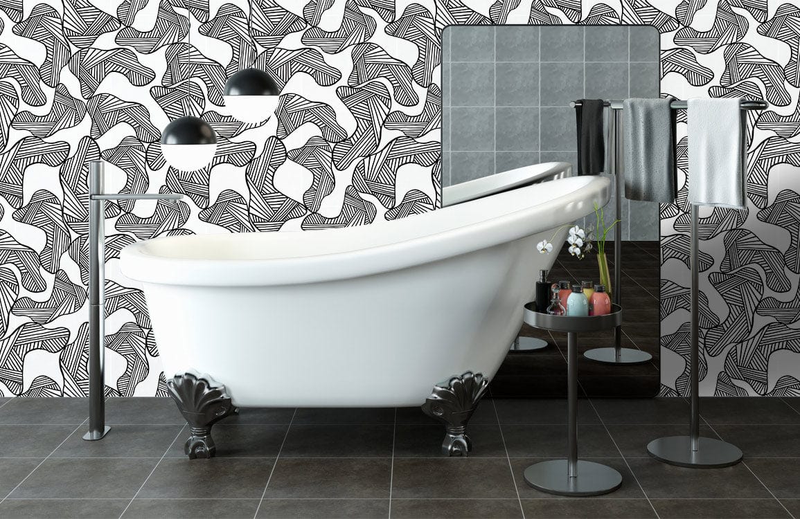 Monochrome Abstract Wallpaper, clawfoot bathtub, geometric tiles, contemporary bathroom design, dark flooring, modern decor.