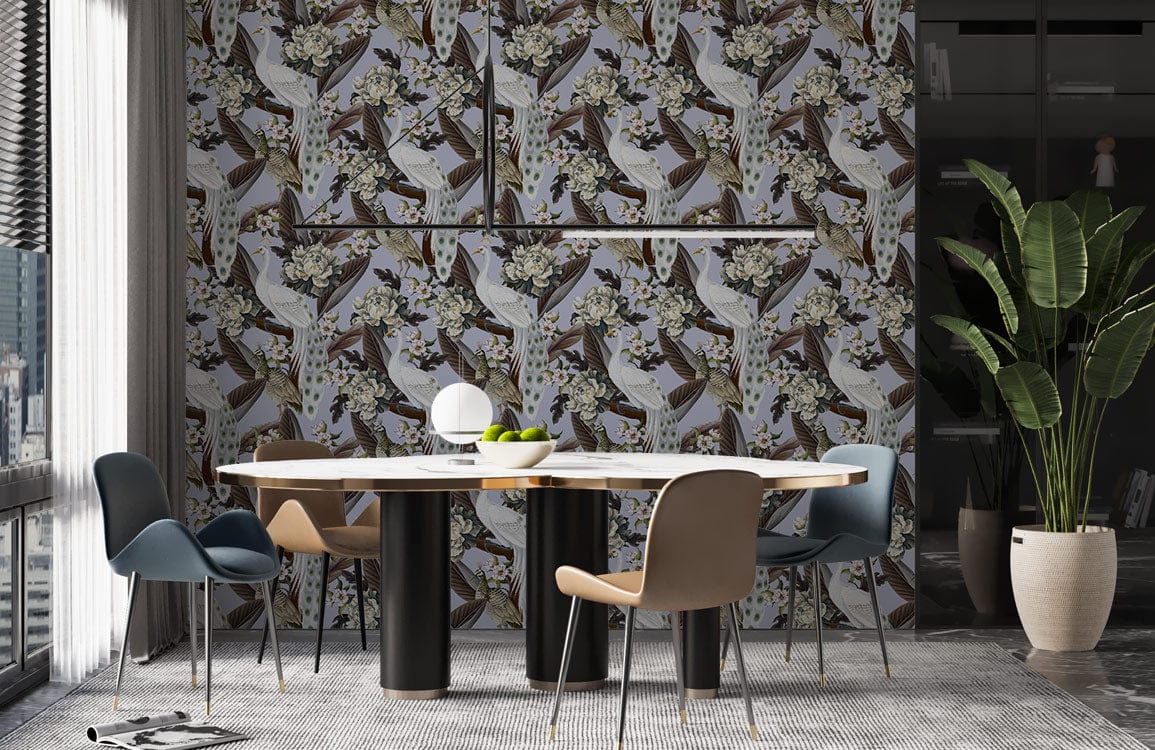 Charming vintage bird and floral wallpaper, modern dining table, assorted chairs, potted plant, grey carpet.