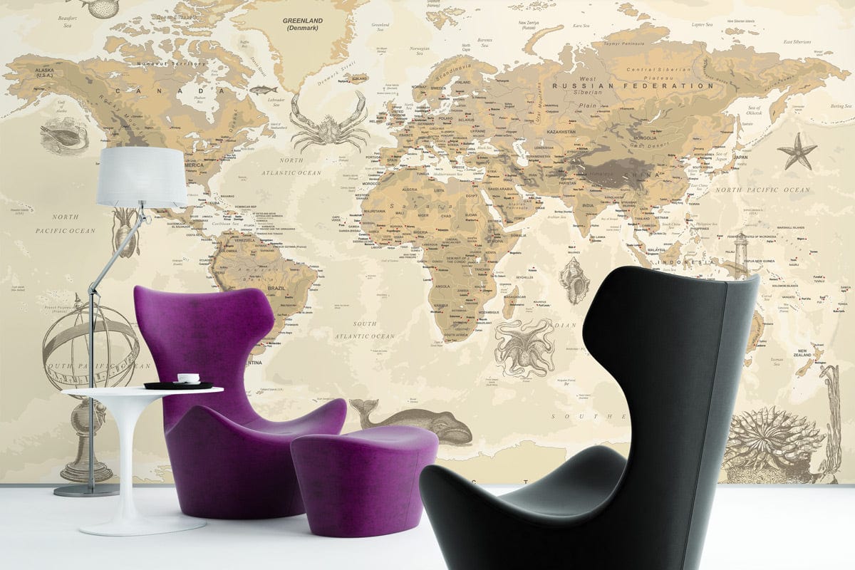 Vintage Sepia World Map Wallpaper with nautical elements in study featuring purple chairs, white lamp.