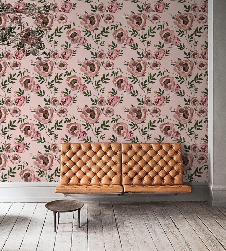 Vintage Floral Elegance Wallpaper in room with tufted sofa, wooden flooring, pink-green floral pattern.