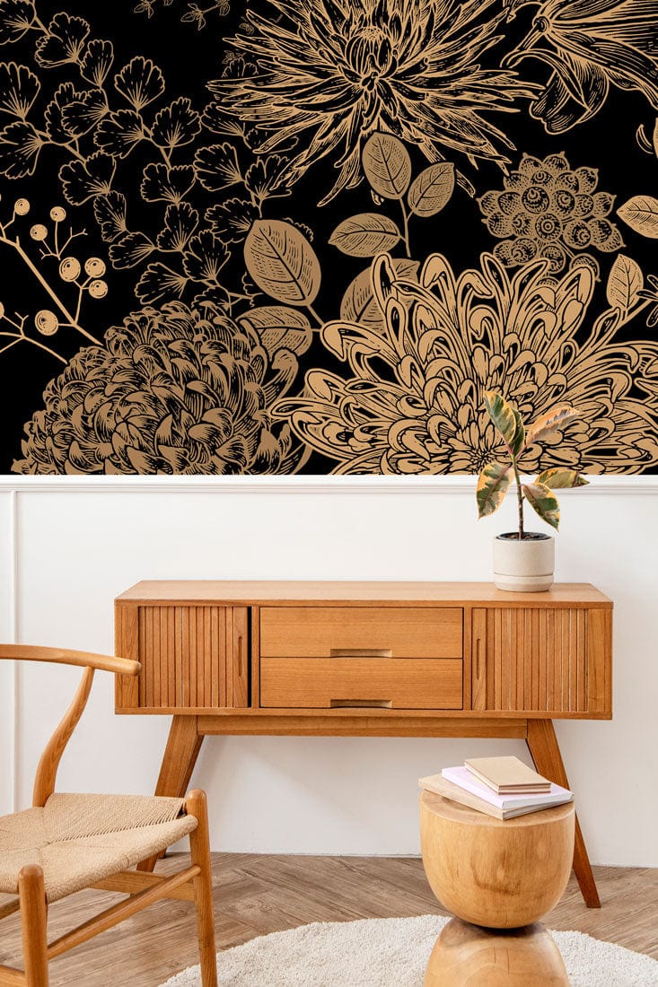 Elegant gold floral wallpaper with wooden furniture and modern decor in black vintage room design.