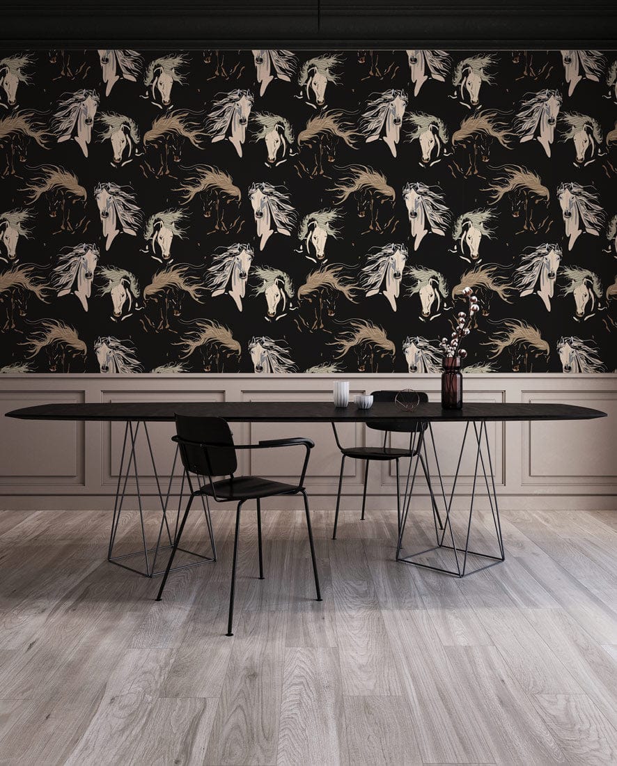 Enchanted Woodland Creatures Black and Beige Wallpaper, dining room, elegant design, with wood flooring.