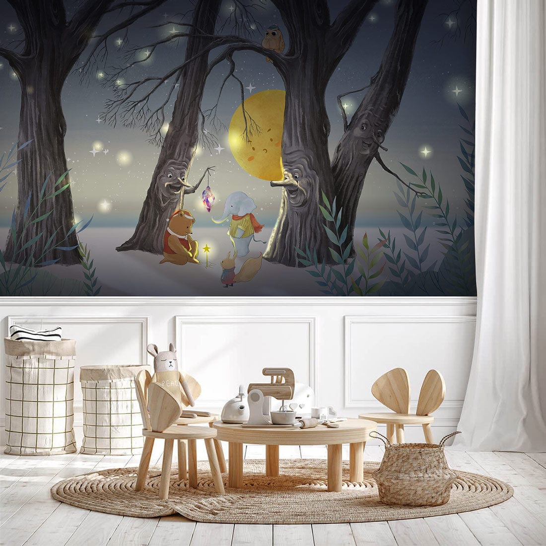 Enchanted Woodland Creatures Mural: Moonlit Scene, children's room with wooden furniture, light flooring.