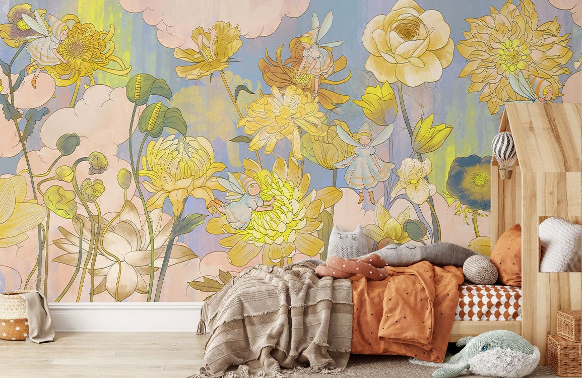 Golden Floral Bliss Pastel Dreams wallpaper in children's room with wooden bed, cushions, soft rug.