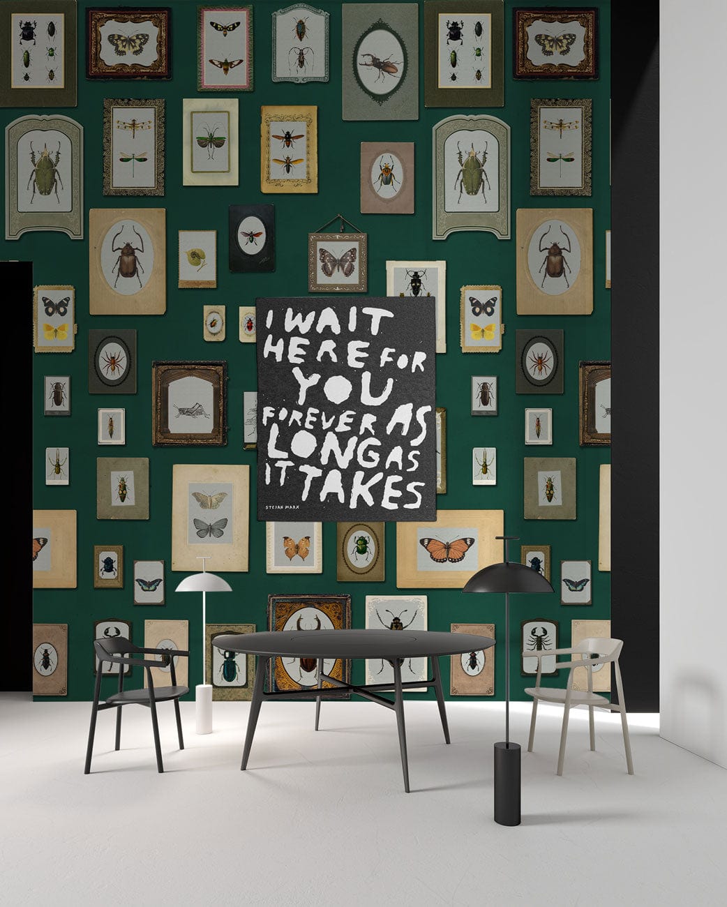 Vintage Insect Wallpaper in green with retro art, modern black table, chairs, light flooring.