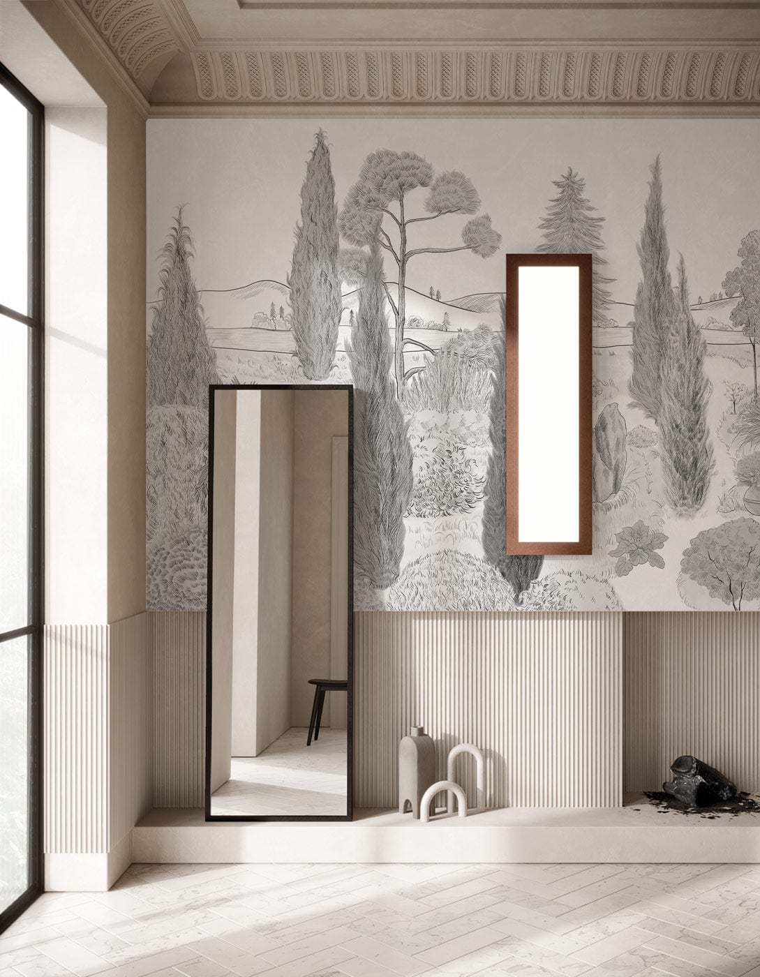 Elegant grey landscape mural wallpaper in living room with full-length mirror, wood flooring, and neutral tones.