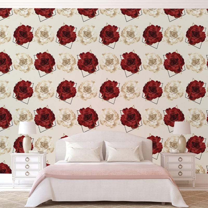 Elegant red and cream rose wallpaper; white bed, lamps, patterned walls, stylish decor, bedroom setting.