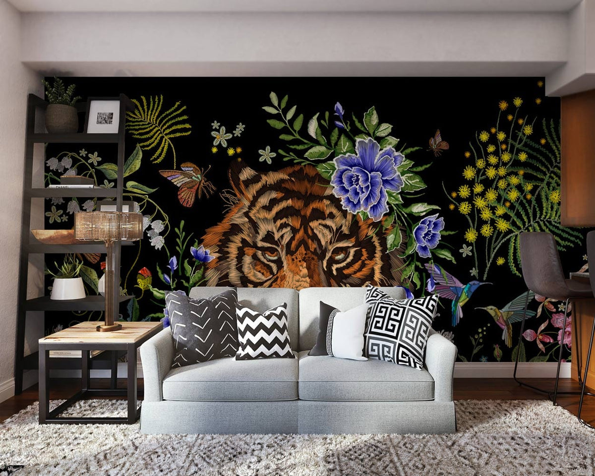 Floral Tiger Jungle Mural Wallpaper with vibrant colours, grey sofa, wooden flooring, living room decor.