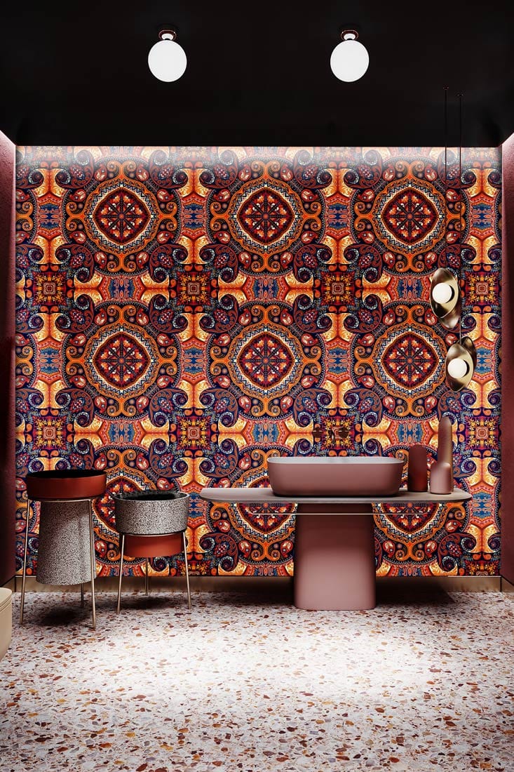 Vintage Bohemian Mandala Pattern Wallpaper with earthy tones, modern lighting, marble flooring, stylish washbasin.