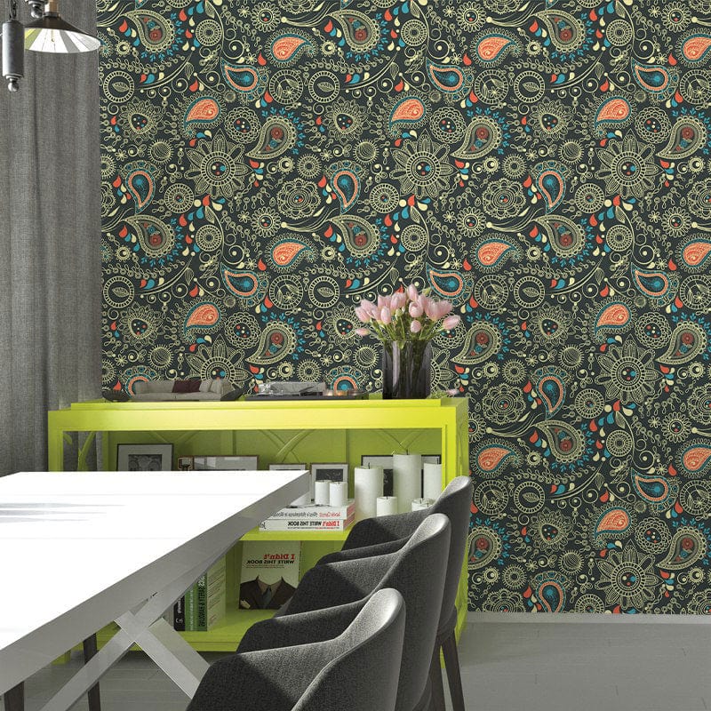 Elegant paisley wallpaper with grey chairs, white table, yellow console in modern living room setting.