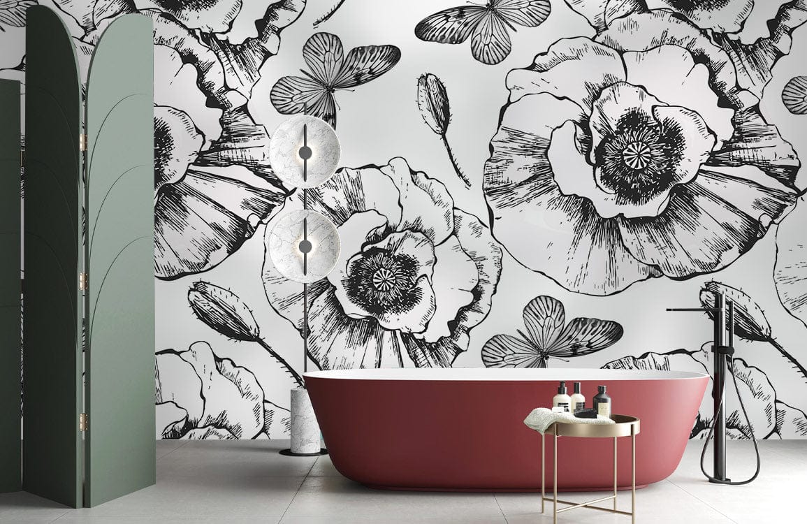 Elegant monochrome floral butterfly mural wallpaper in bathroom with red tub, green divider, modern decor.