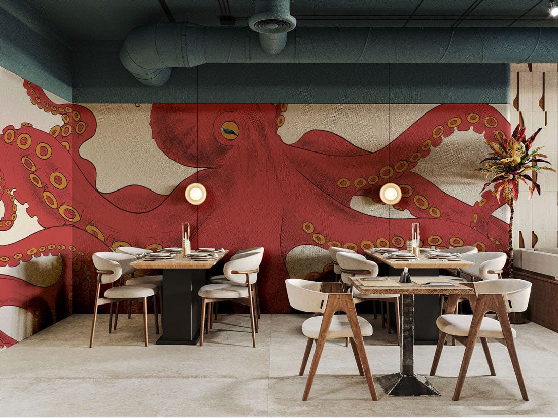 Vibrant Red Octopus Mural Wallpaper in dining room, modern chairs, coastal theme, nautical decor, tiles.