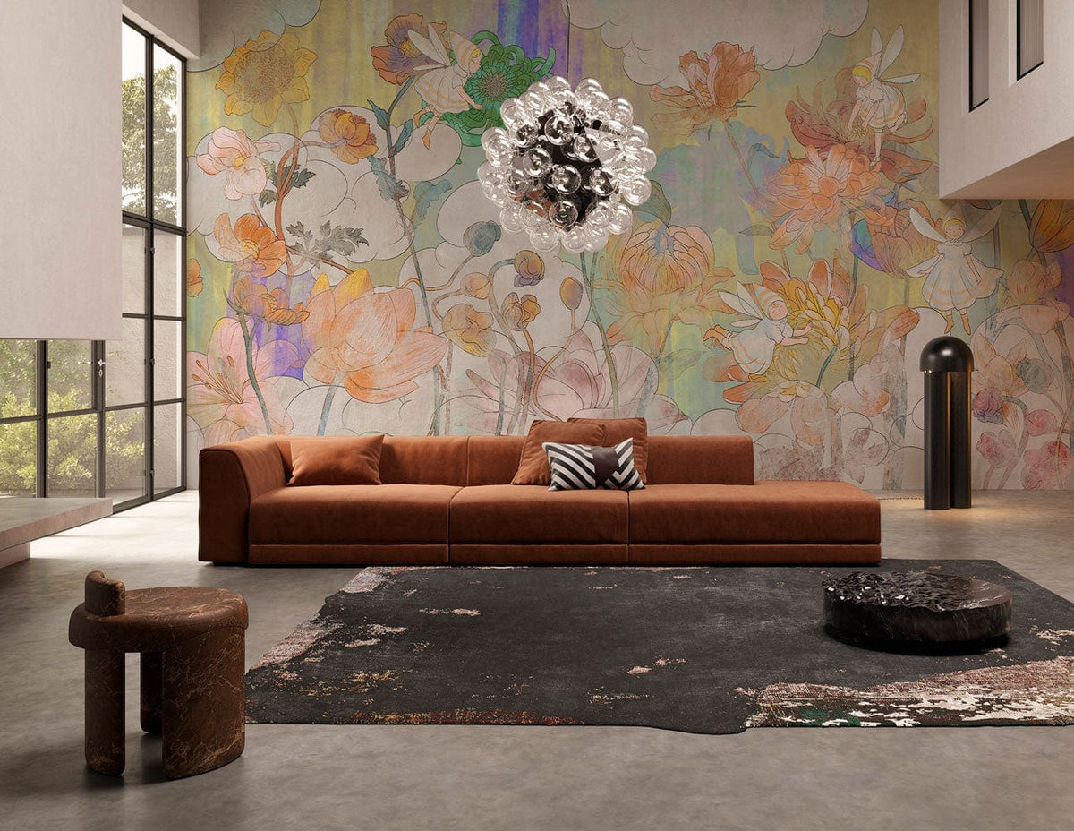 Pastel Dreamscape Floral Mural Wallpaper, watercolour blossoms, brown sofa, modern living room, concrete flooring.