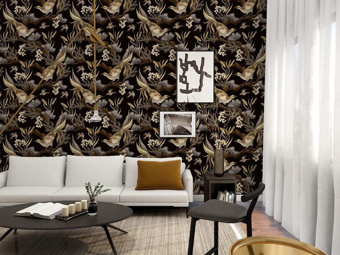 Elegant black gold patterned wallpaper, white sofa, beige rug, modern lounge chair, chic wall art.