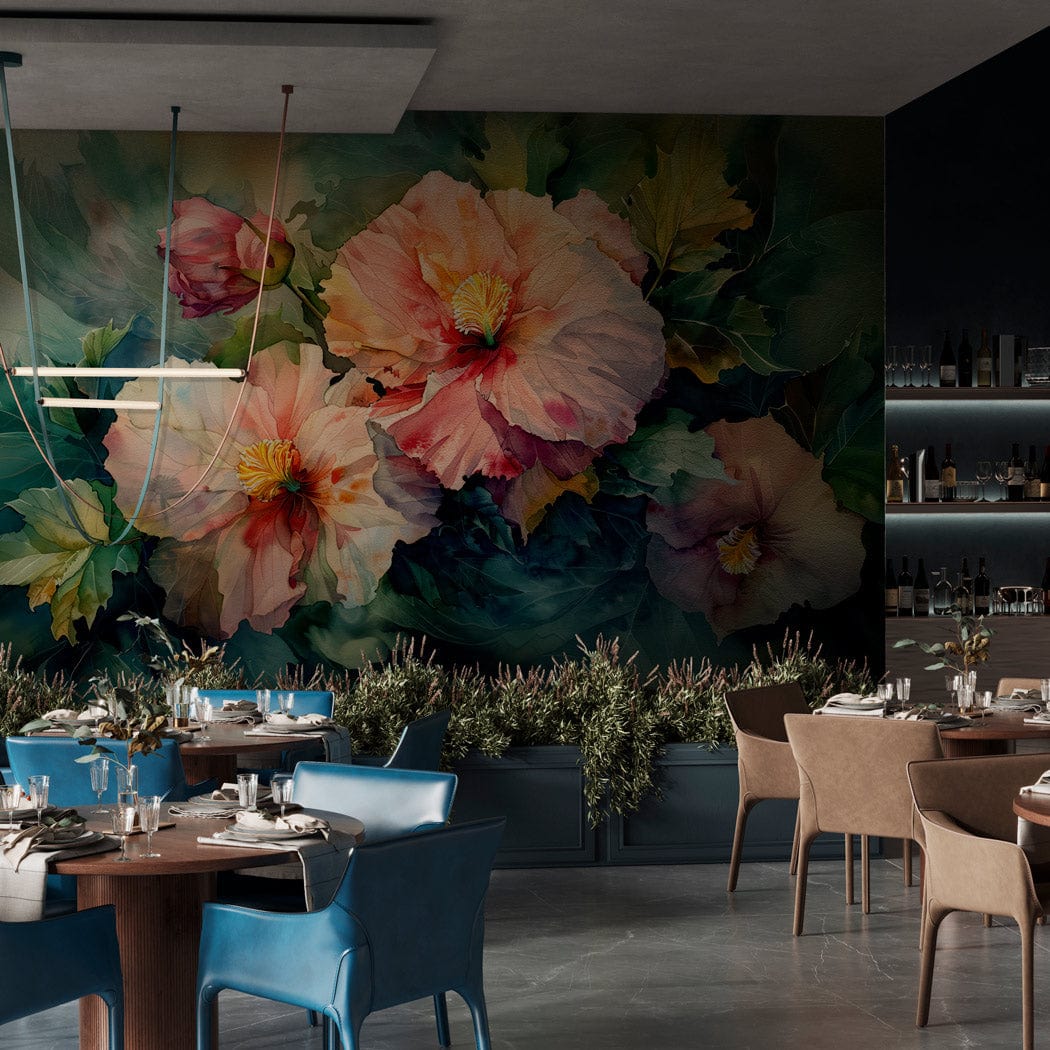 Watercolour Floral Mural Wallpaper, pastel leafy design, restaurant, blue chairs, dark wood tables, modern decor.