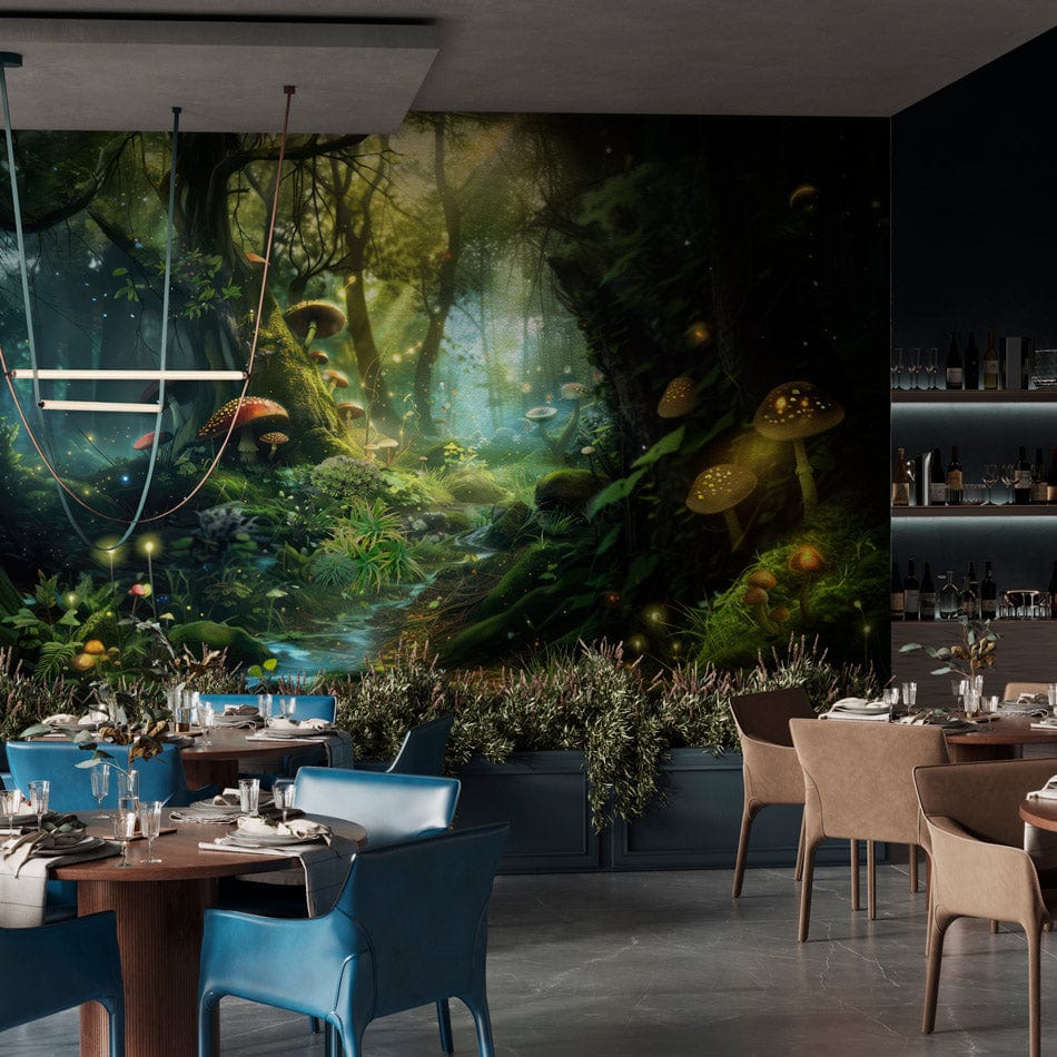 Enchanted Forest Wonderland Mural with mystical mushrooms, lush greens, modern blue chairs, concrete flooring.