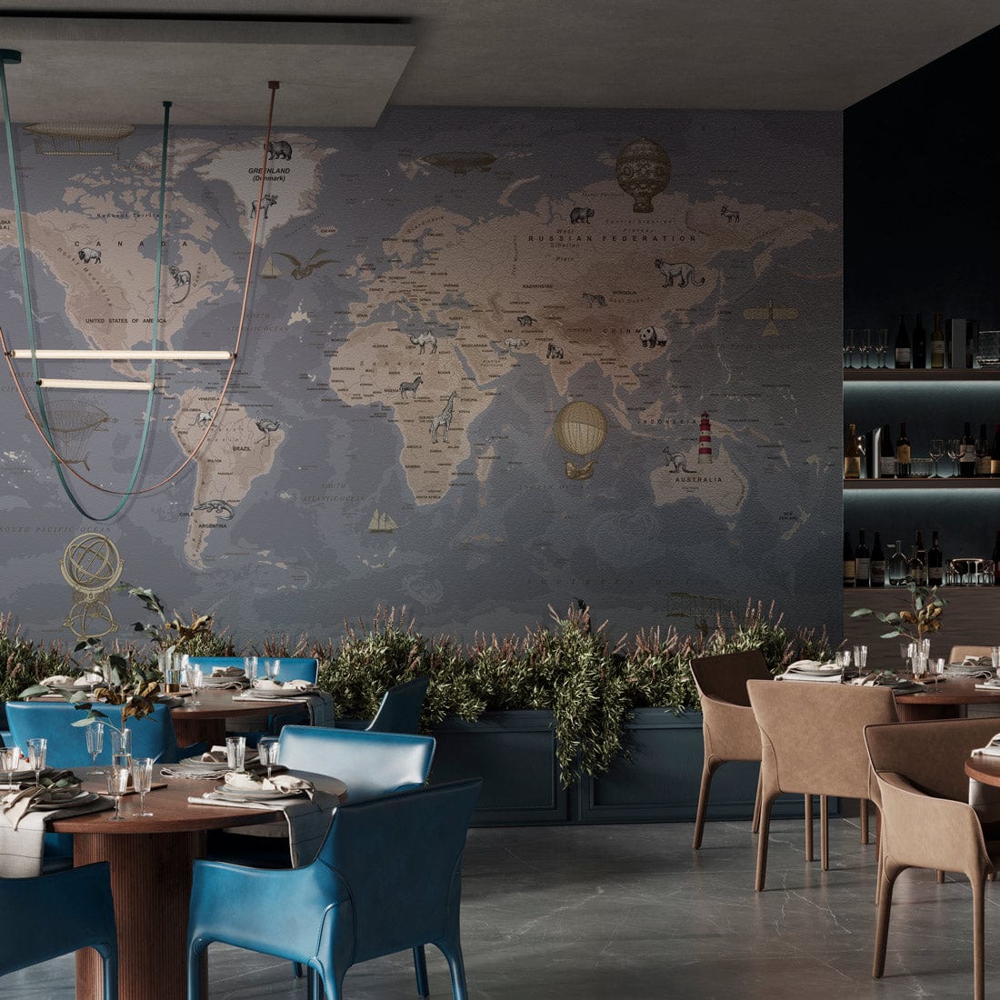 Vintage World Map Mural Wallpaper featuring animals, airships, and blue chairs in an elegant dining room.