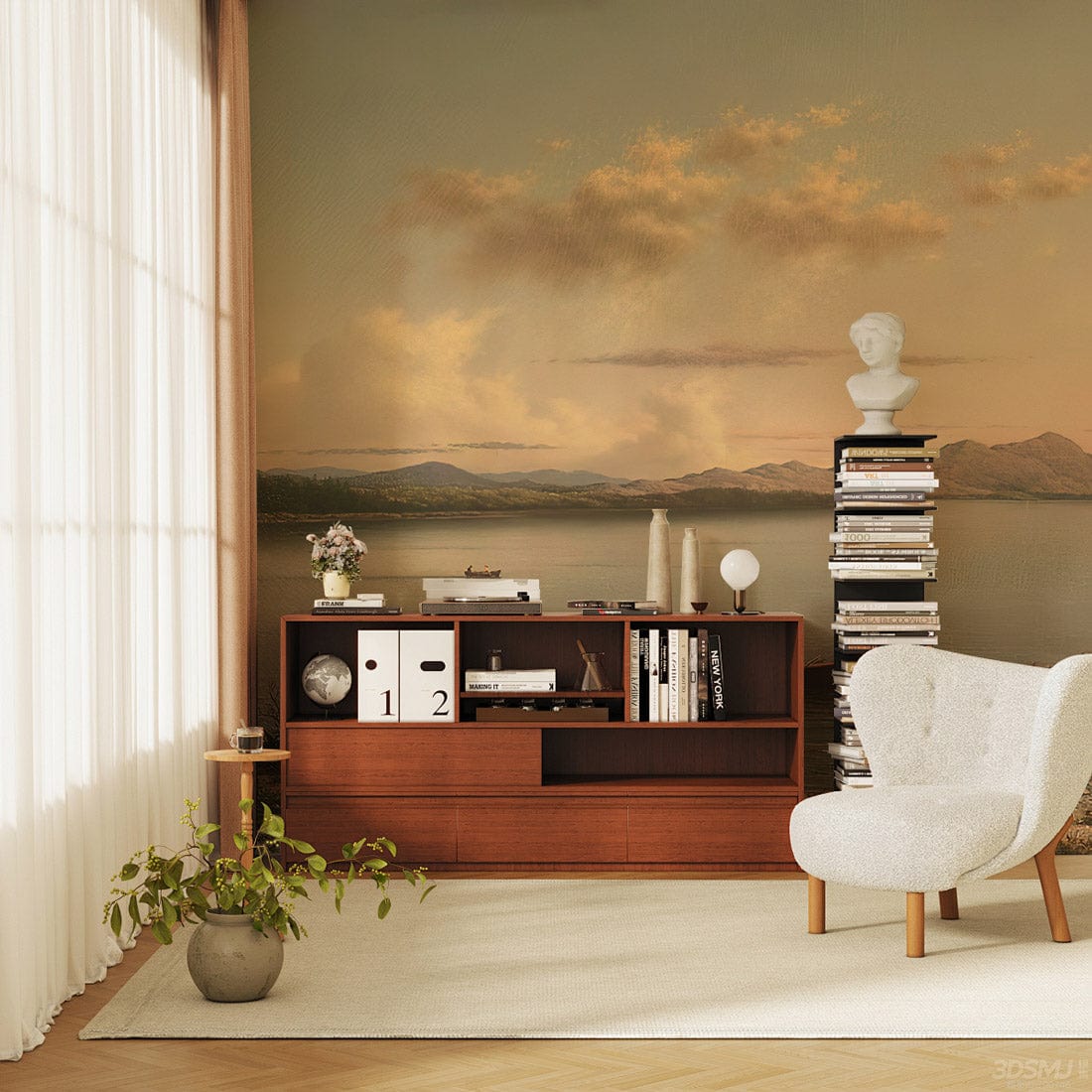 Tranquil Lake Sunset Mural Wallpaper in living room with wooden flooring and beige armchair.