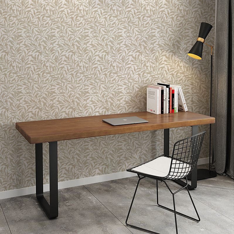 Elegant cream botanical leaf wallpaper in study, paired with modern desk, chair, and floor lamp.