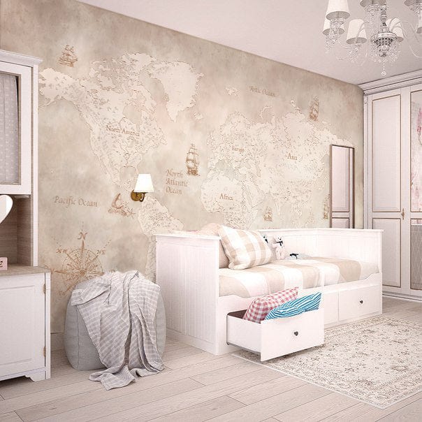 Vintage World Map Mural Wallpaper in sepia tones, beige walls, white sofa bed, light wood flooring.