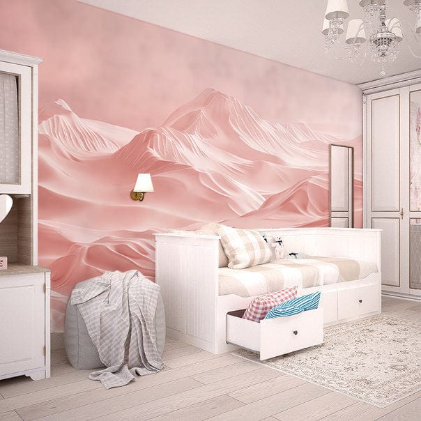 Blush Desert Dreamscape Wallpaper adorns nursery with white daybed, light wood flooring, and plush decor.