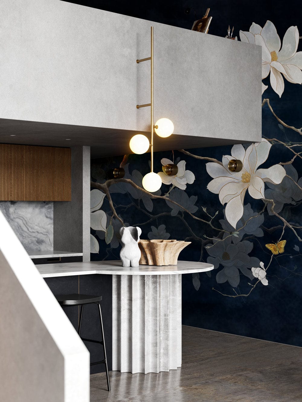 Elegant white magnolia mural on midnight blue, featuring modern grey countertop in stylish kitchen setting.