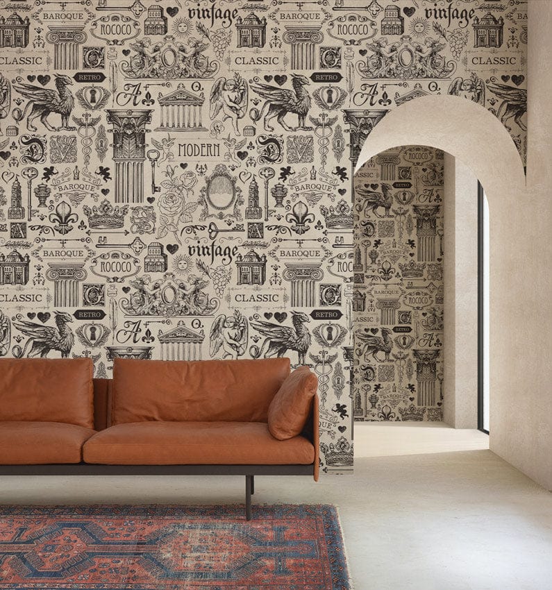 Vintage grey patterned wallpaper with brown leather sofa, arched doorway, and a patterned rug.