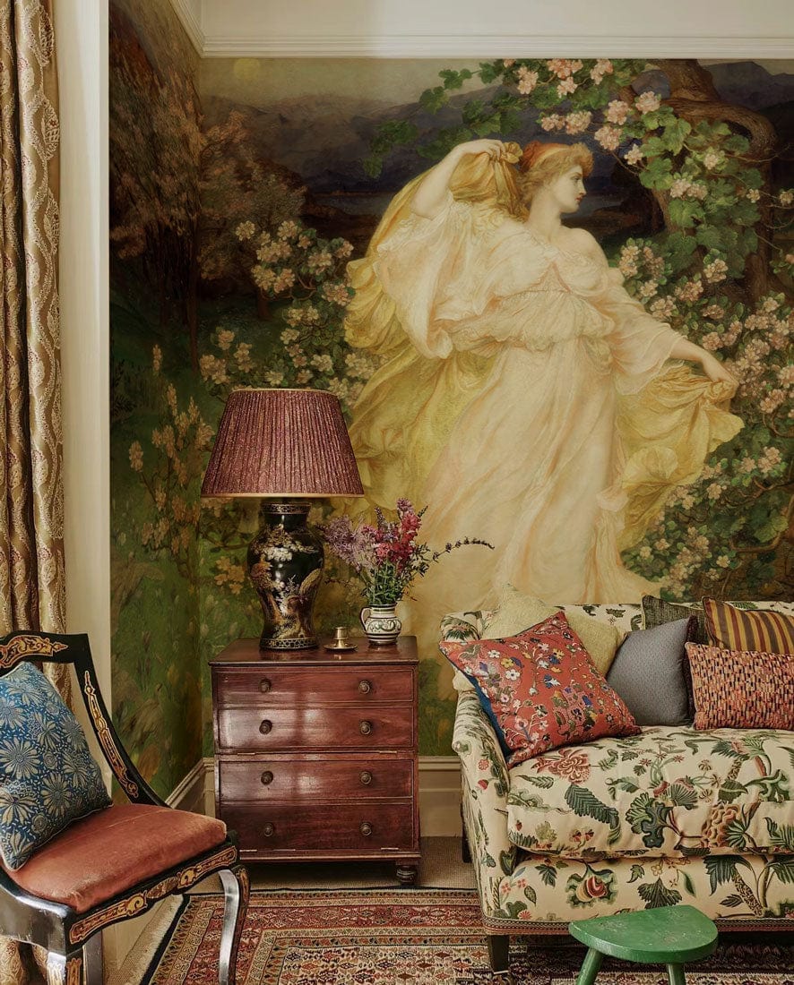 Vintage Pastoral Scene Mural Wallpaper with Elegant Figures, floral sofa, vintage chair, classic decor.