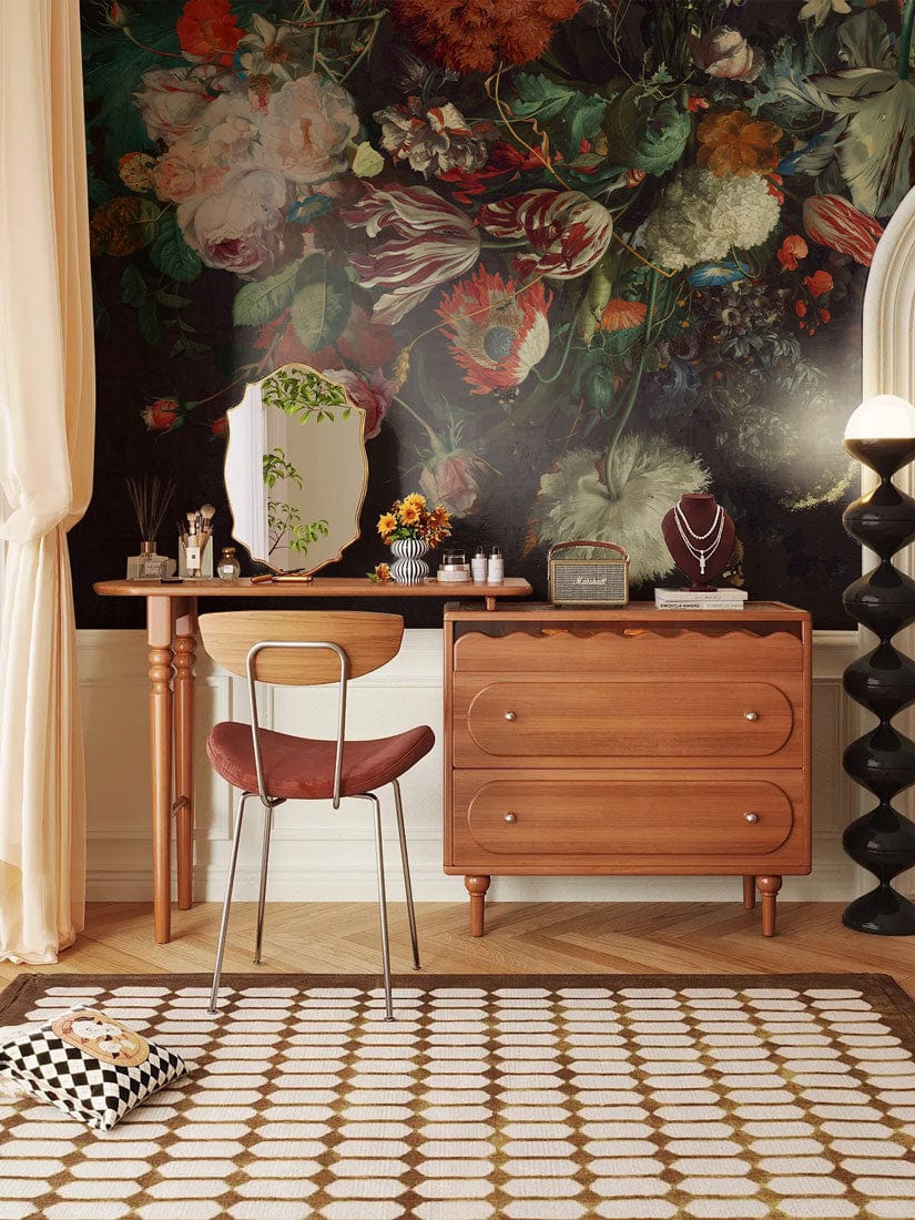 Vintage Dark Floral Mural Wallpaper in elegant room with wooden furniture, geometric rug, and classic decor.