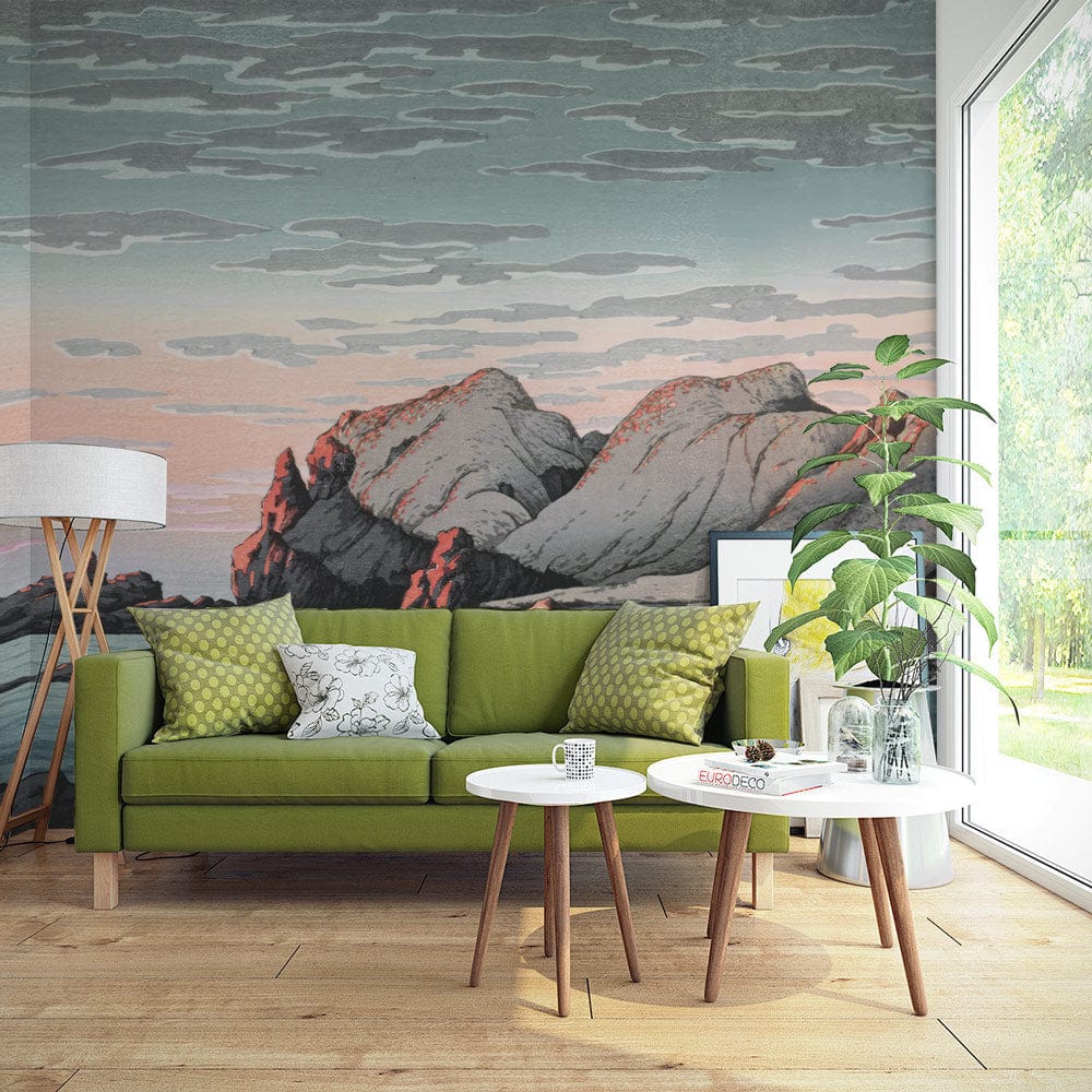 Tranquil Coastal Sunset mural wallpaper, green sofa, wooden flooring, large window, minimalistic living room.
