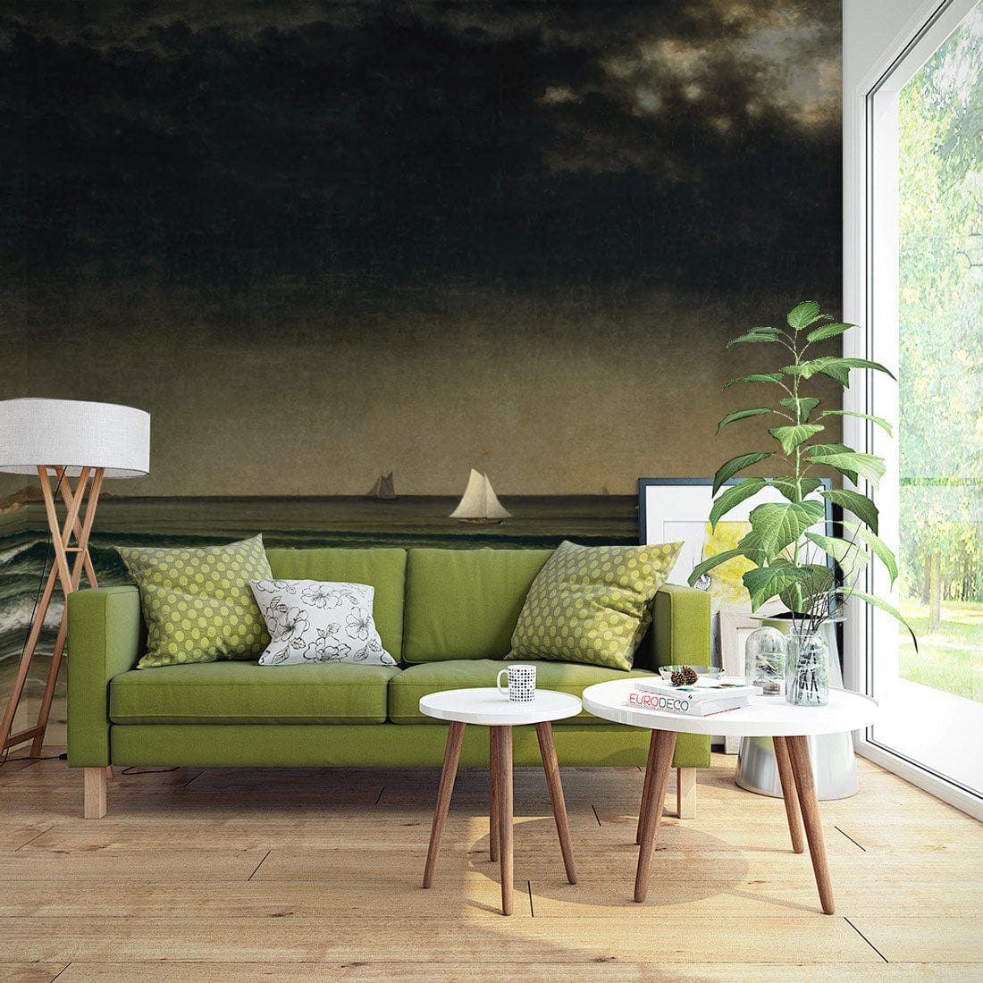 Dark moody coastal seascape mural wallpaper, green sofa, wooden flooring, living room, sailing boats.