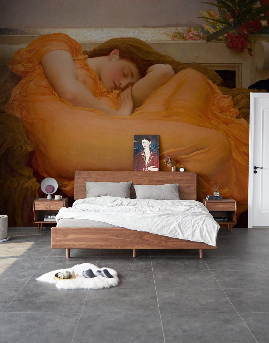 Dreamy Renaissance Peach Goddess Mural Wallpaper in bedroom with wooden bed and grey tile flooring.