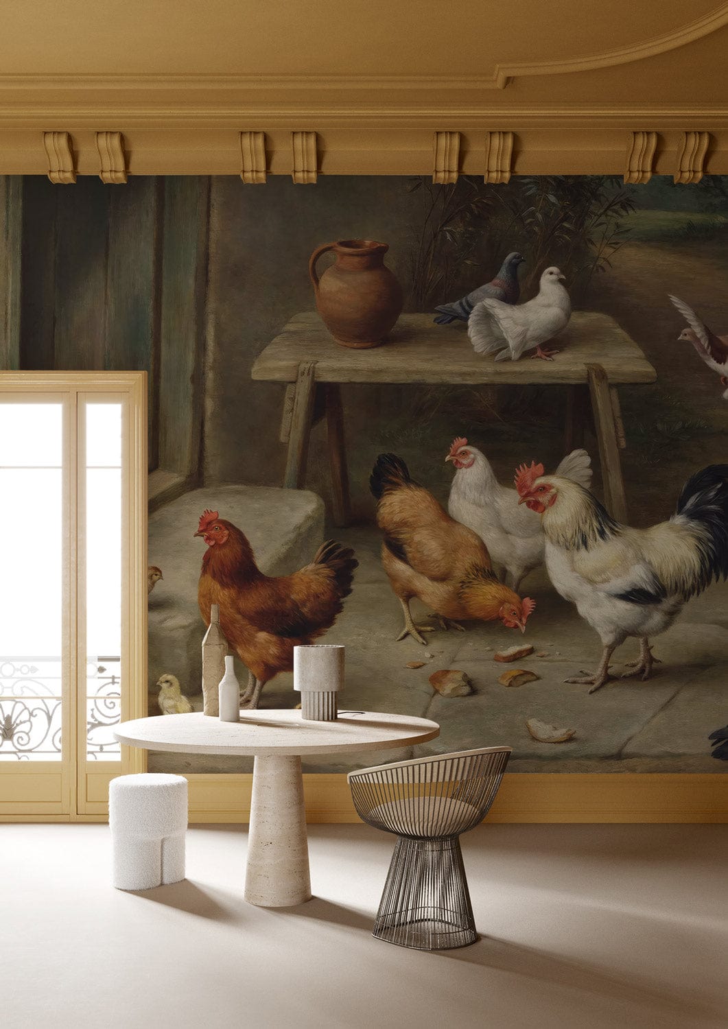 Rustic Farmyard Charm wallpaper; vintage animal mural; earthy tones; modern beige dining room decor.