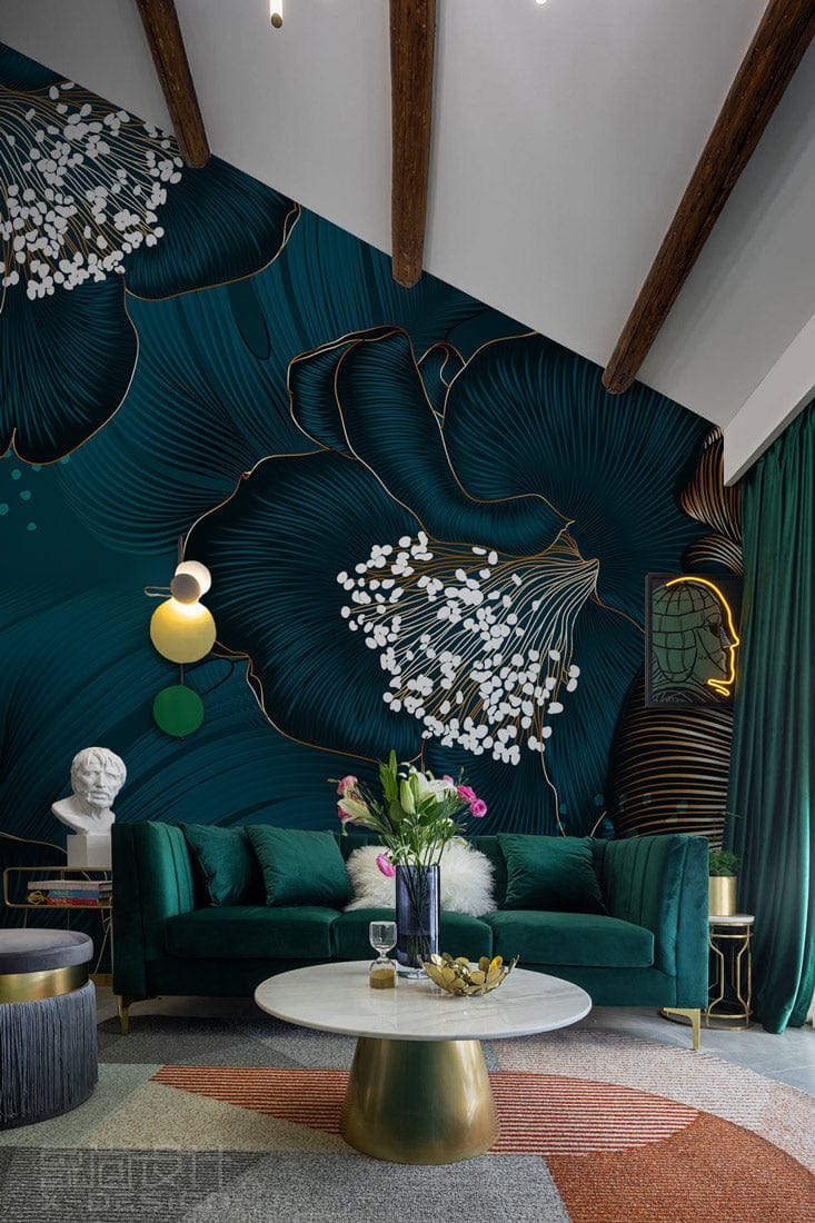 Luxurious teal floral mural wallpaper with golden accents, green velvet sofa, round table, modern decor.