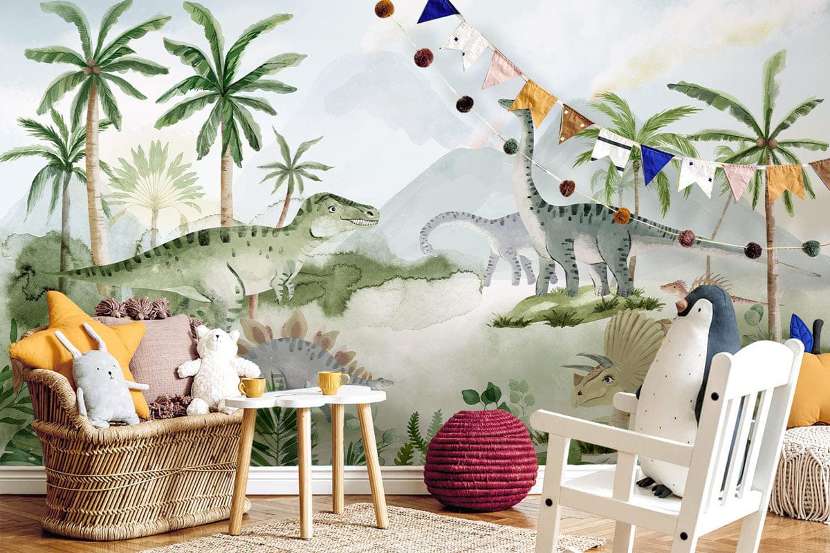 Jungle Dinosaur Adventure Mural Wallpaper: green watercolour, nursery decor, wicker loveseat, white chair, bunting.