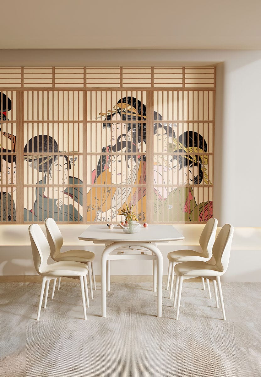 Traditional Japanese Geisha Mural Wallpaper, warm earth tones, dining room setting, light wood flooring.
