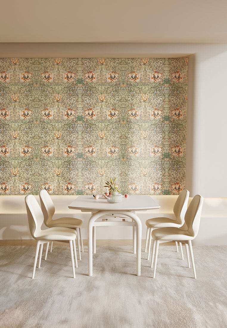 Vintage floral wallpaper with green and gold Victorian design in dining room featuring white chairs.
