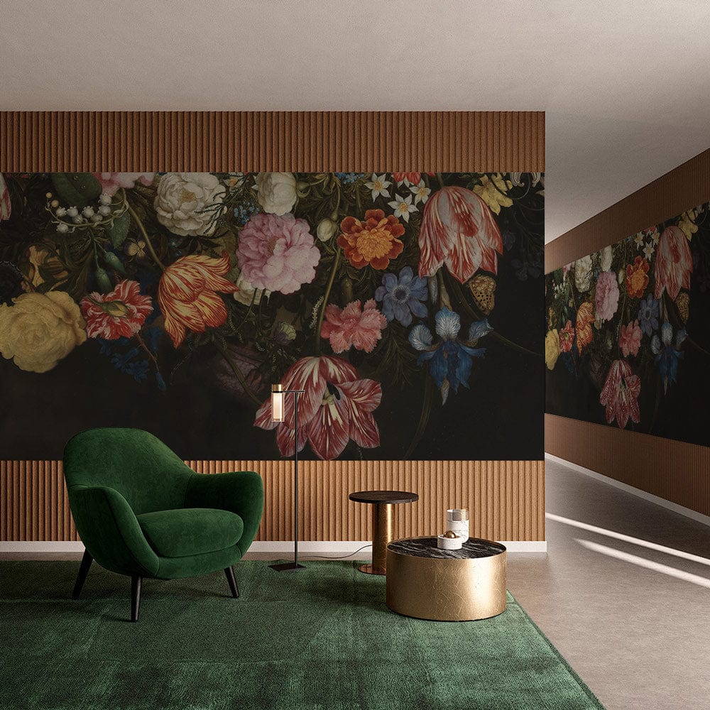 Exquisite Dark Floral Elegance Mural Wallpaper, featuring green velvet armchair, modern style, in living room.