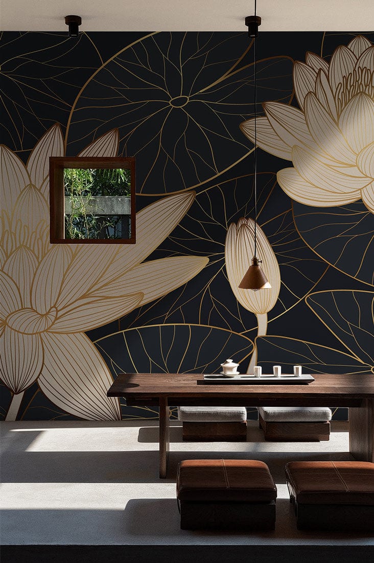 Elegant Lotus Blossom Mural in gold and navy with wooden dining furniture and minimalist decor.