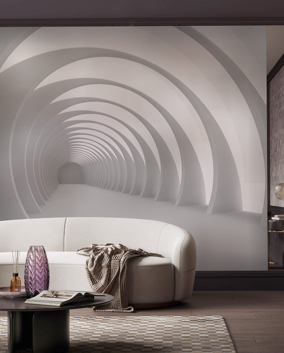 Futuristic white tunnel wallpaper with beige curved sofa, dark wood flooring, modern living room setting.