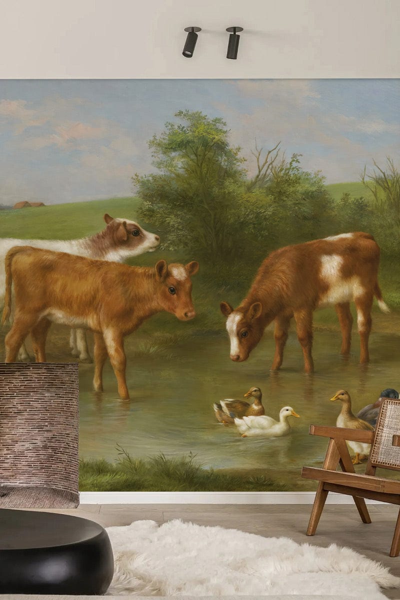 Charming countryside wallpaper with calves, ducks; modern lights; rustic chair; cosy living space; woven basket.